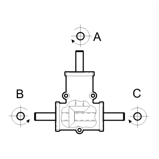 Renvoi d'angle DZ 3 trous Ø25mm 1/1 Sortie B