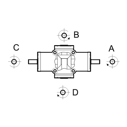 Renvoi d'angle ZP 4 trous creux Ø14mm 1/1 4 Sorties B-C-D