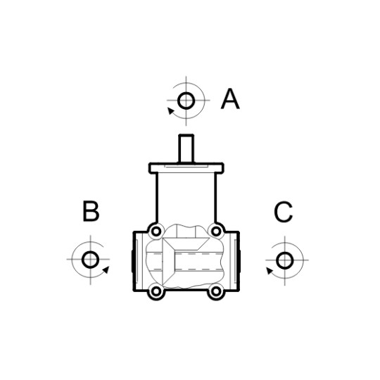 Renvoi d'angle ZP 4 trous Ø19mm 1/1 Sortie creux B-C